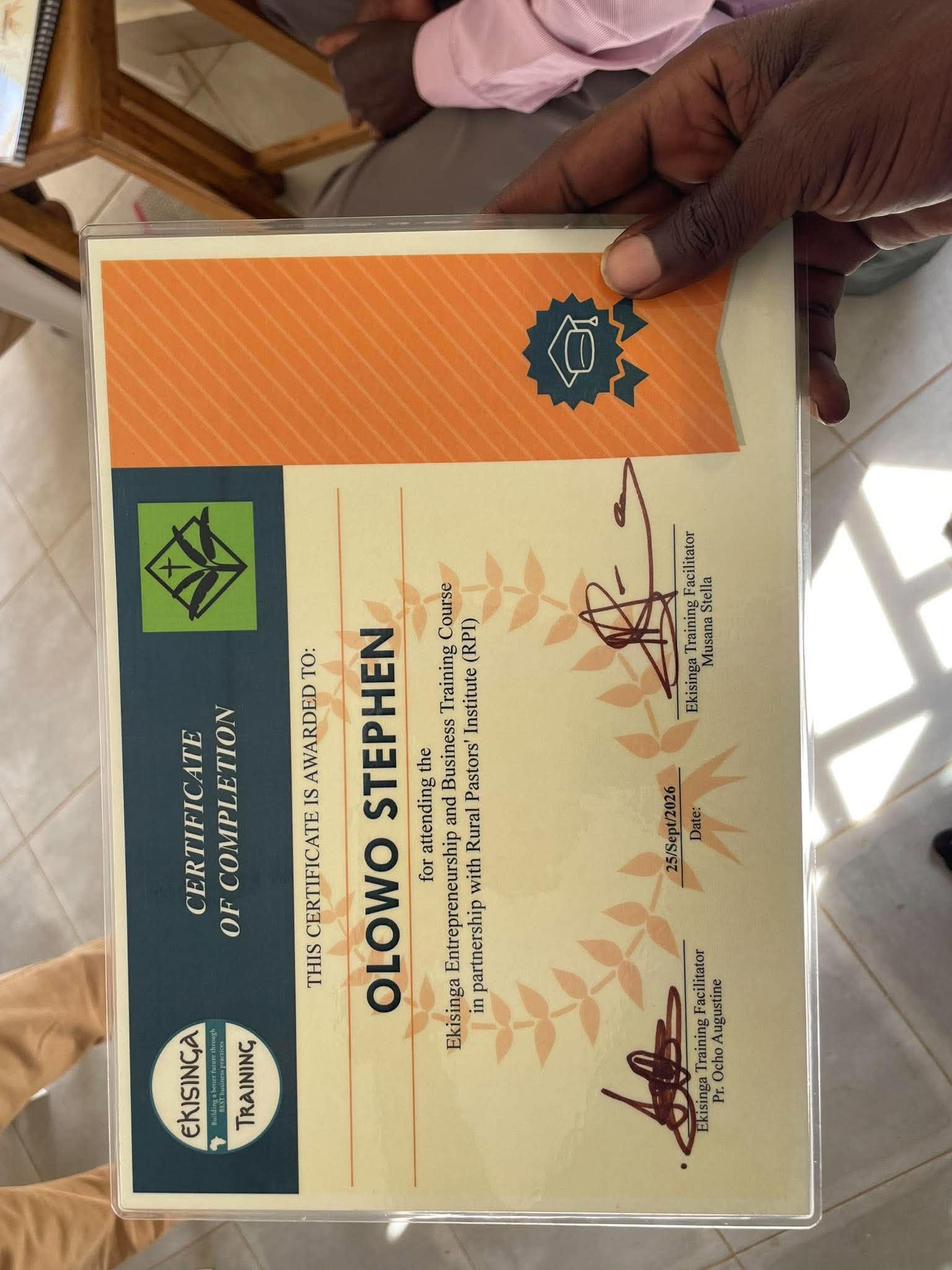 Pastor Stephen Olowo's entrepreneurship training certificate